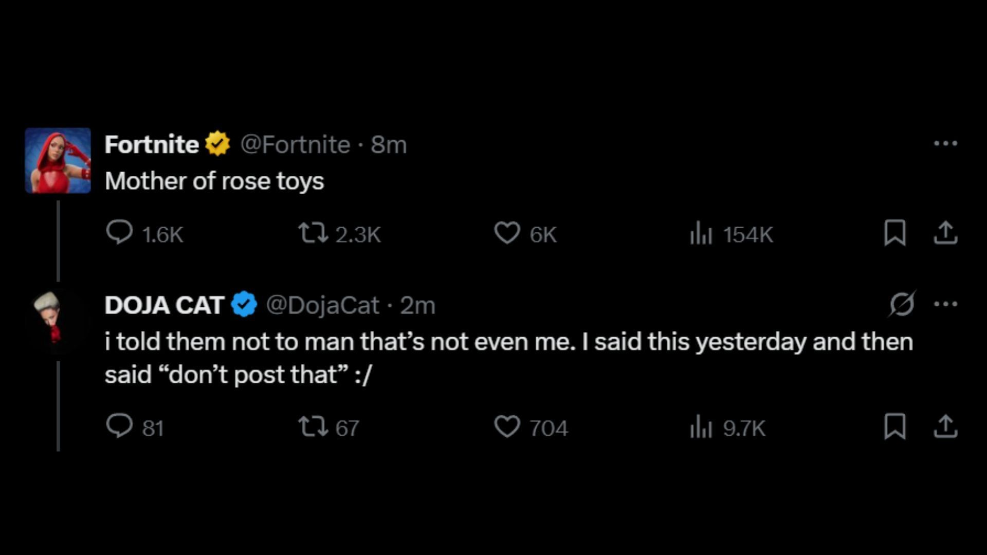 A screenshot of the now-deleted Fortnite and Doja Cat&#039;s comments on X (Image via Fortnite/X)