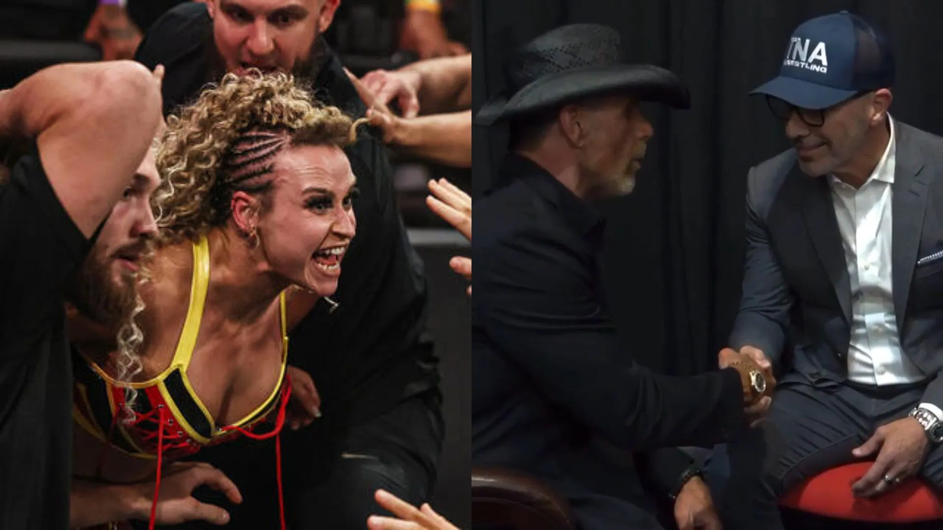 Jordynne Grace [left] and Shawn Michaels and Carlos Silva [right] [Image Credits: WWE.com and Michaels