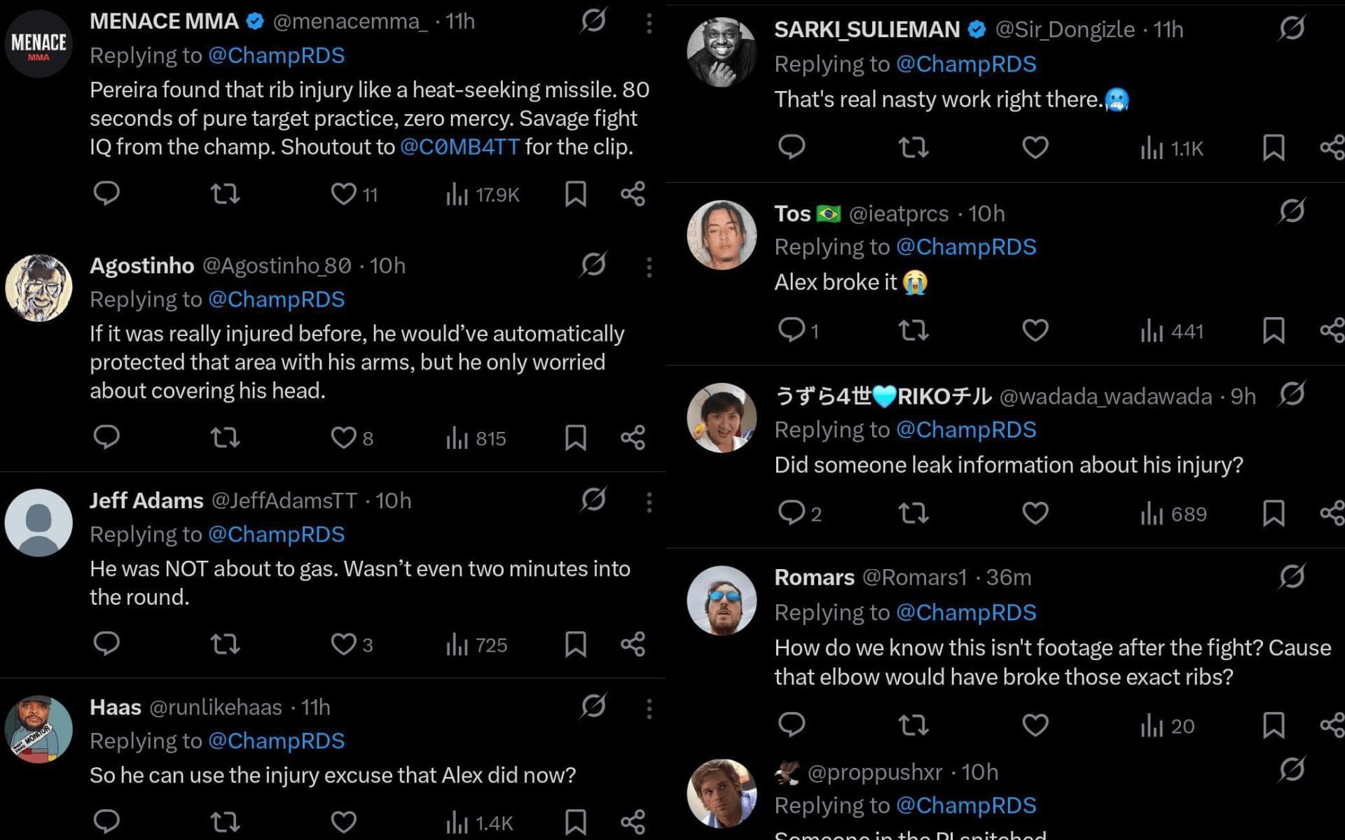 Fans&#039; reaction to Alex Pereira targeting Magomed Ankalaev&#039;s reported broken ribs at UFC 320. [Screenshots courtesy: @ChampRDS on X]