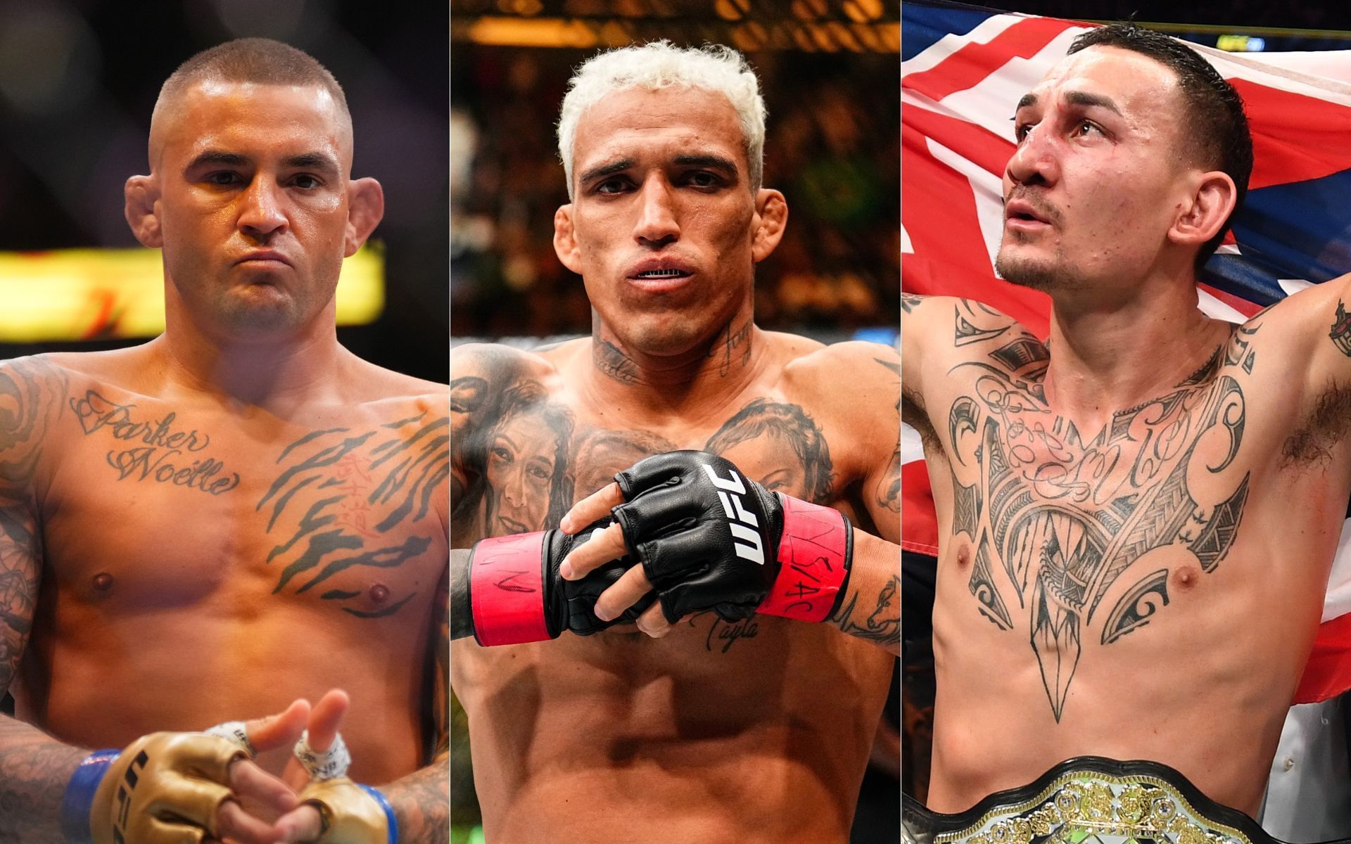 Dustin Poirier (left) has fought both Charles Oliveira (middle) and Max Holloway (right). [Images courtesy: Getty Images]