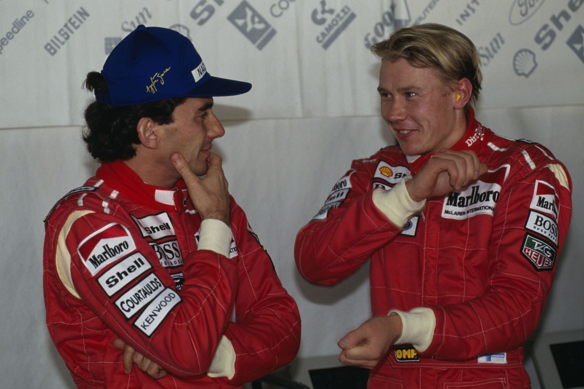 Ayrton Senna (L) with McLaren teammate Mika Hakkinen. Source: Getty