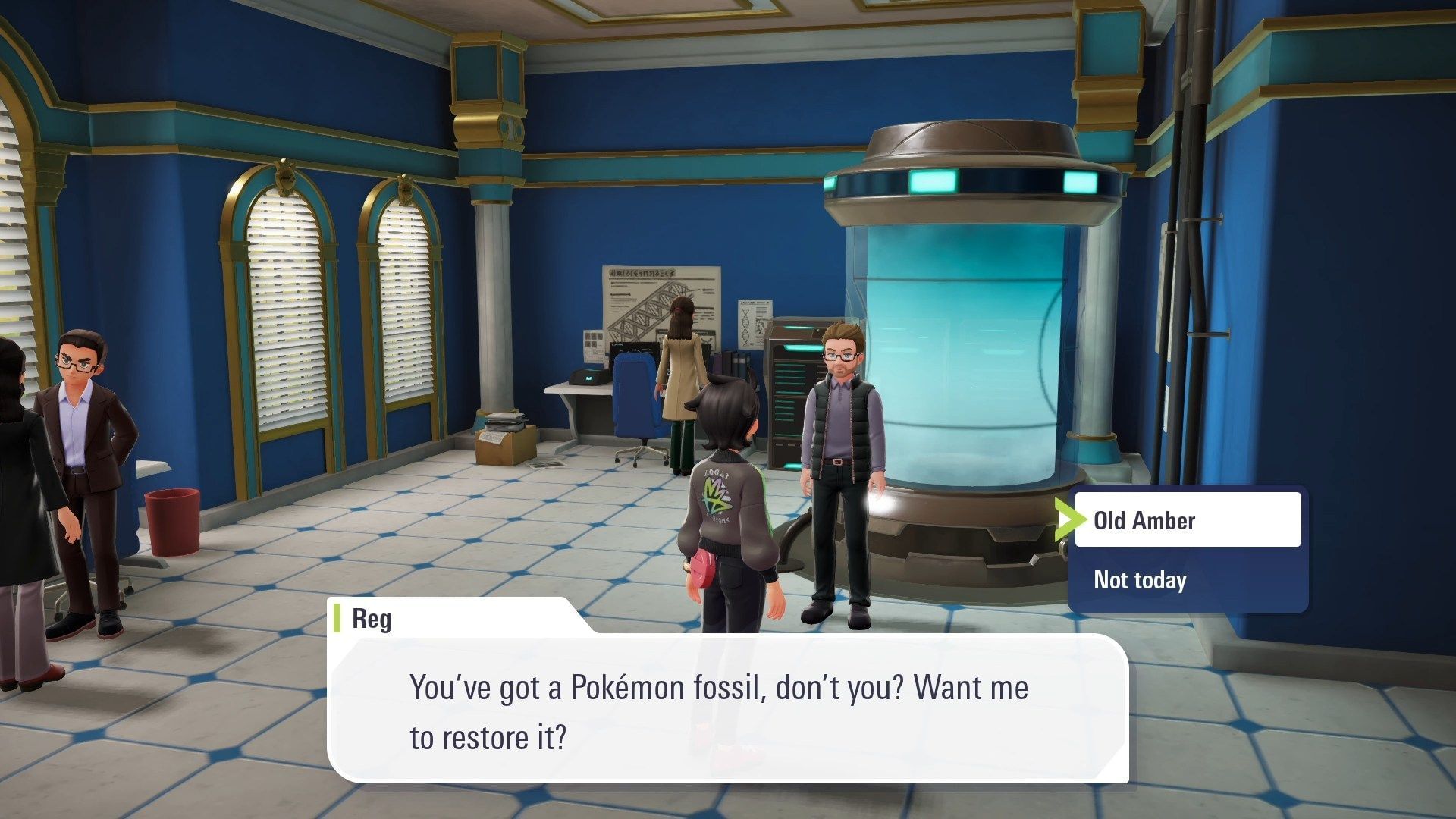 Talk to Reg and select Old Amber (Image via The Pokemon Company)