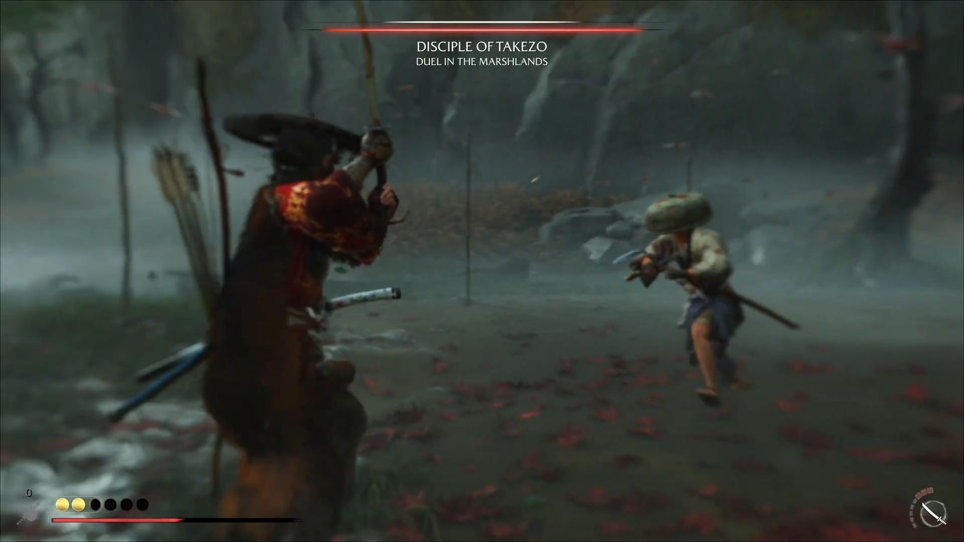 Use heal if you cannot dodge his red glint attacks in Takezo the Unrivaled quest (Image via Sportskeeda Gaming || Sucker Punch)