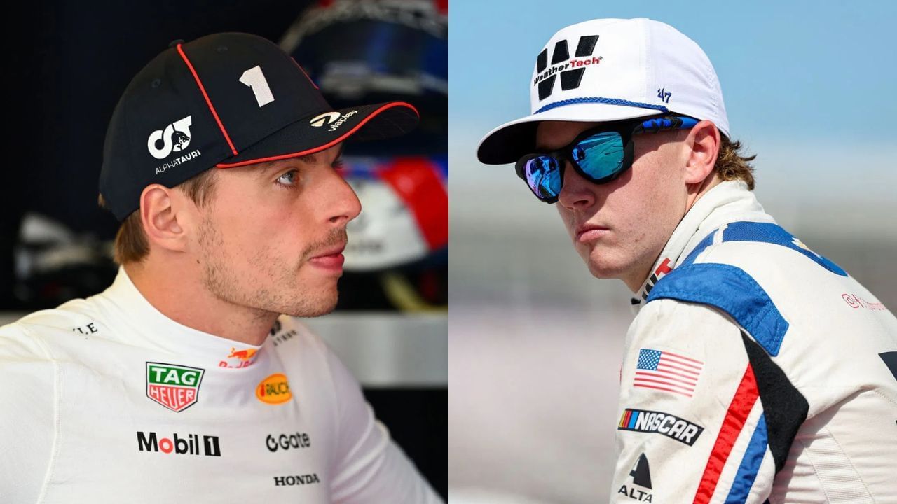 A side-by-side image of (Left) Max Verstappen of the Netherlands and Oracle Red Bull Racing looks on during final practice ahead of the F1 Grand Prix of Azerbaijan at Baku City Circuit on September 20, 2025 in Baku, Azerbaijan. (Photo by Mark Sutton - Formula 1/Formula 1 via Getty Images) and (Right) Connor Zilisch, driver of the #88 WeatherTech Chevrolet, looks on during qualifying for the NASCAR Xfinity Series Blue Cross NC 250 at Charlotte Motor Speedway on October 04, 2025 in Concord, North Carolina. (Photo by Jordan Bank/Getty Images)