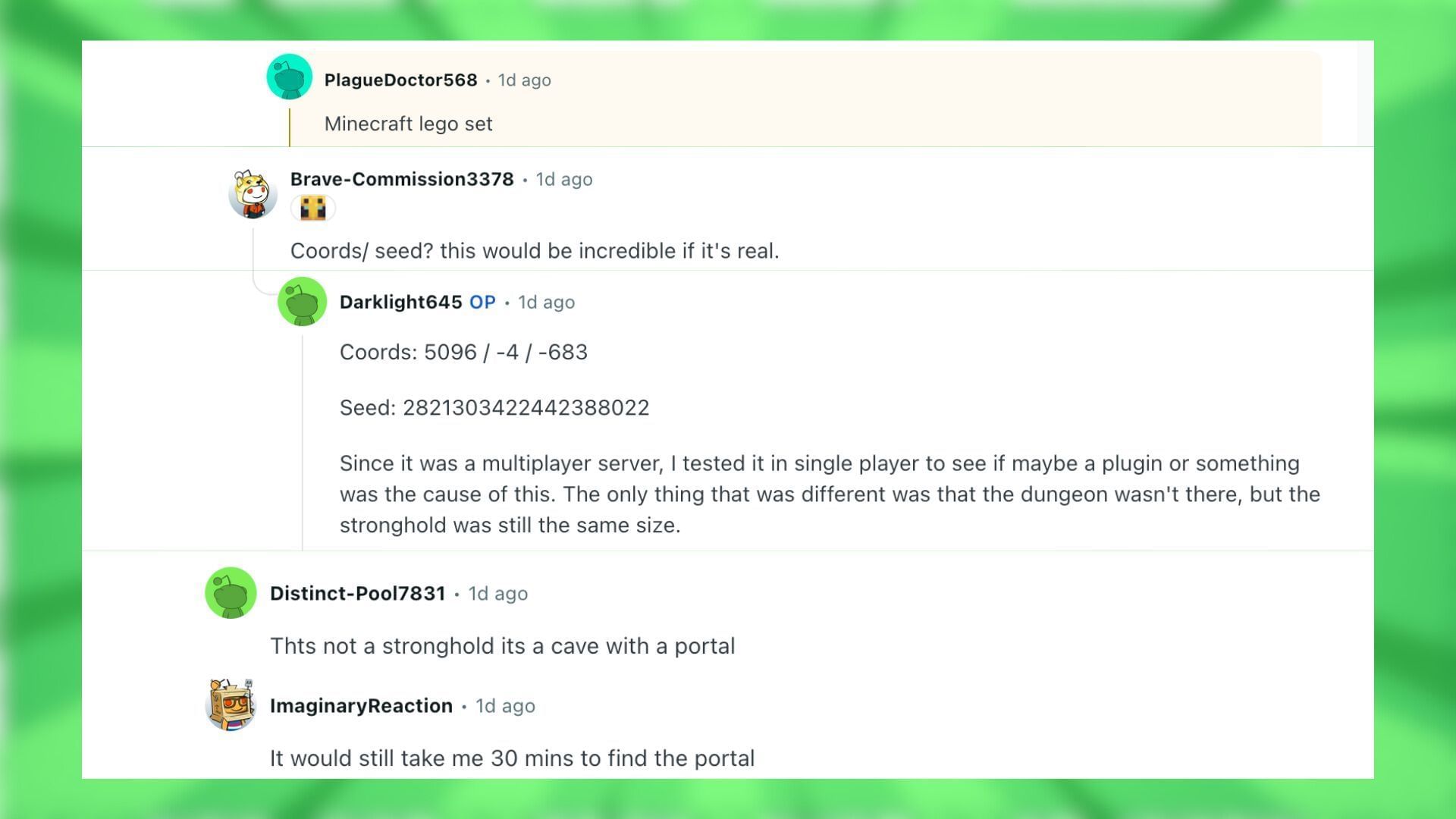 Redditors react to the small stronghold find in Minecraft (Image via Reddit)