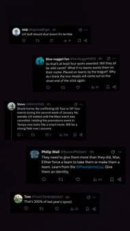 A screenshot of fan comments on Flushing It's post on X (via @flushingitgolf)