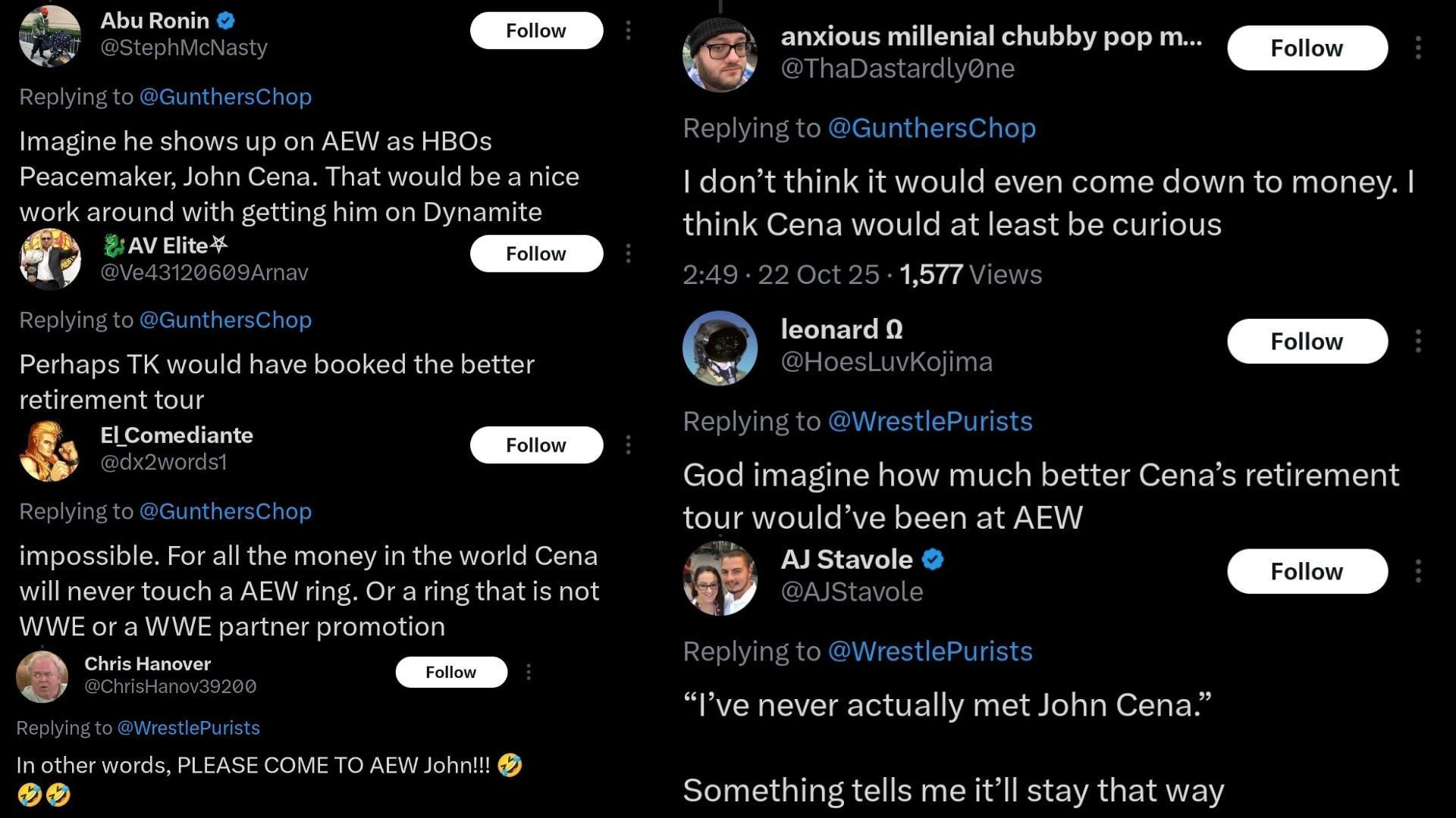 Fan reactions to Tony Khan&#039;s statement on Cena (Screenshot of reactions via @WrestlePurists on X)