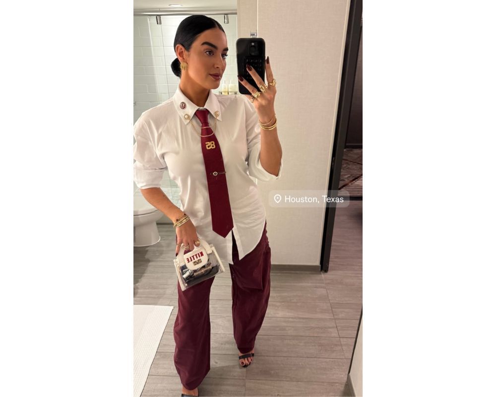 George Kittle&#039;s wife Claire embraces unique school uniform-style gameday fit to cheer for TE in 49ers vs Texans clash [IG/@clairekittle]