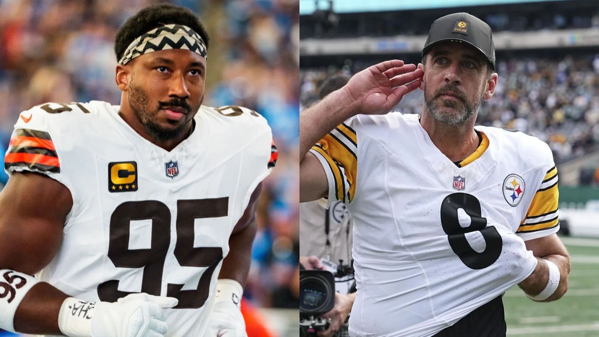 Myles Garrett discusses welcoming Aaron Rodgers to the AFC North - via Getty/CMS