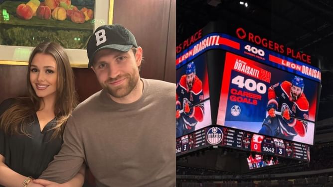 Leon Draisaitl's wife Celeste reacts to his 400th NHL goal milestone in Oilers season opener