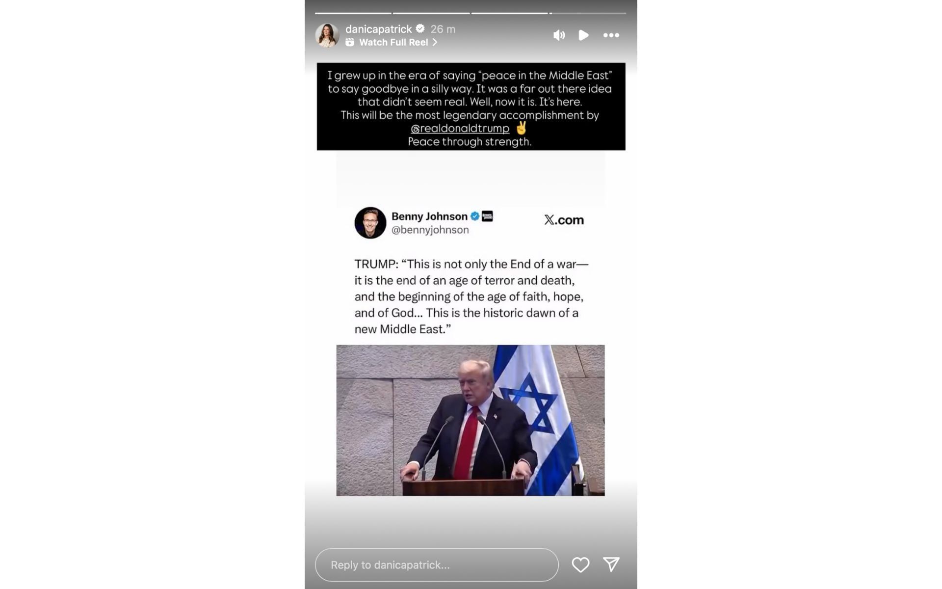 Danica Patrick reacting to Donald Trump&#039;s proclamation of peace in the Middle East | Source: Instagram/@danicapatrick