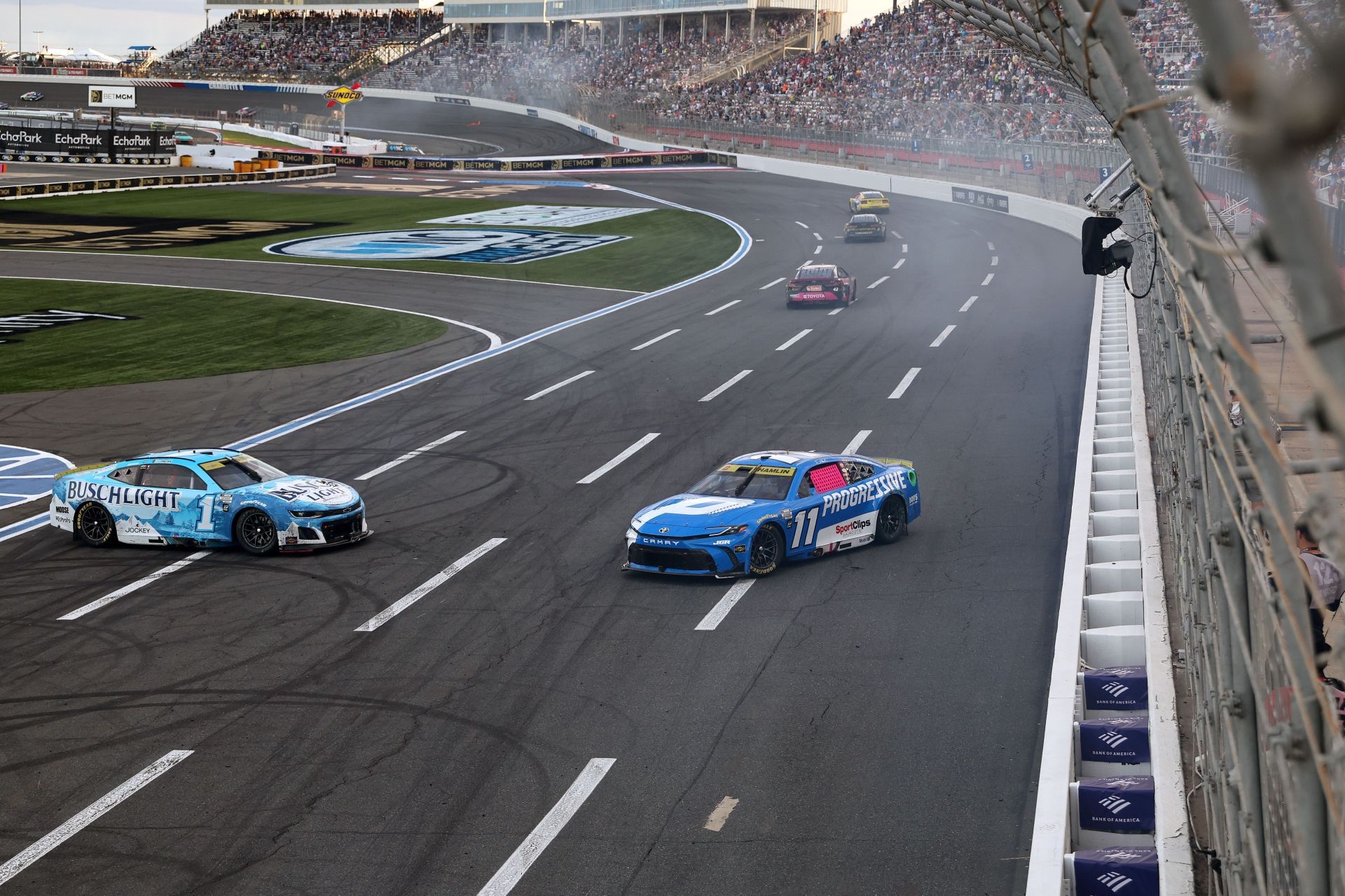 Denny Hamlin (11) and Ross Chastain (1) spin on the final lap at Roval. Source: Getty