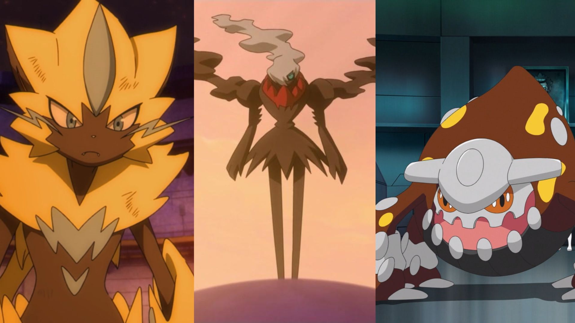 Zeraora, Heatran and Darkrai as seen in the anime (Image via The Pokemon Company)