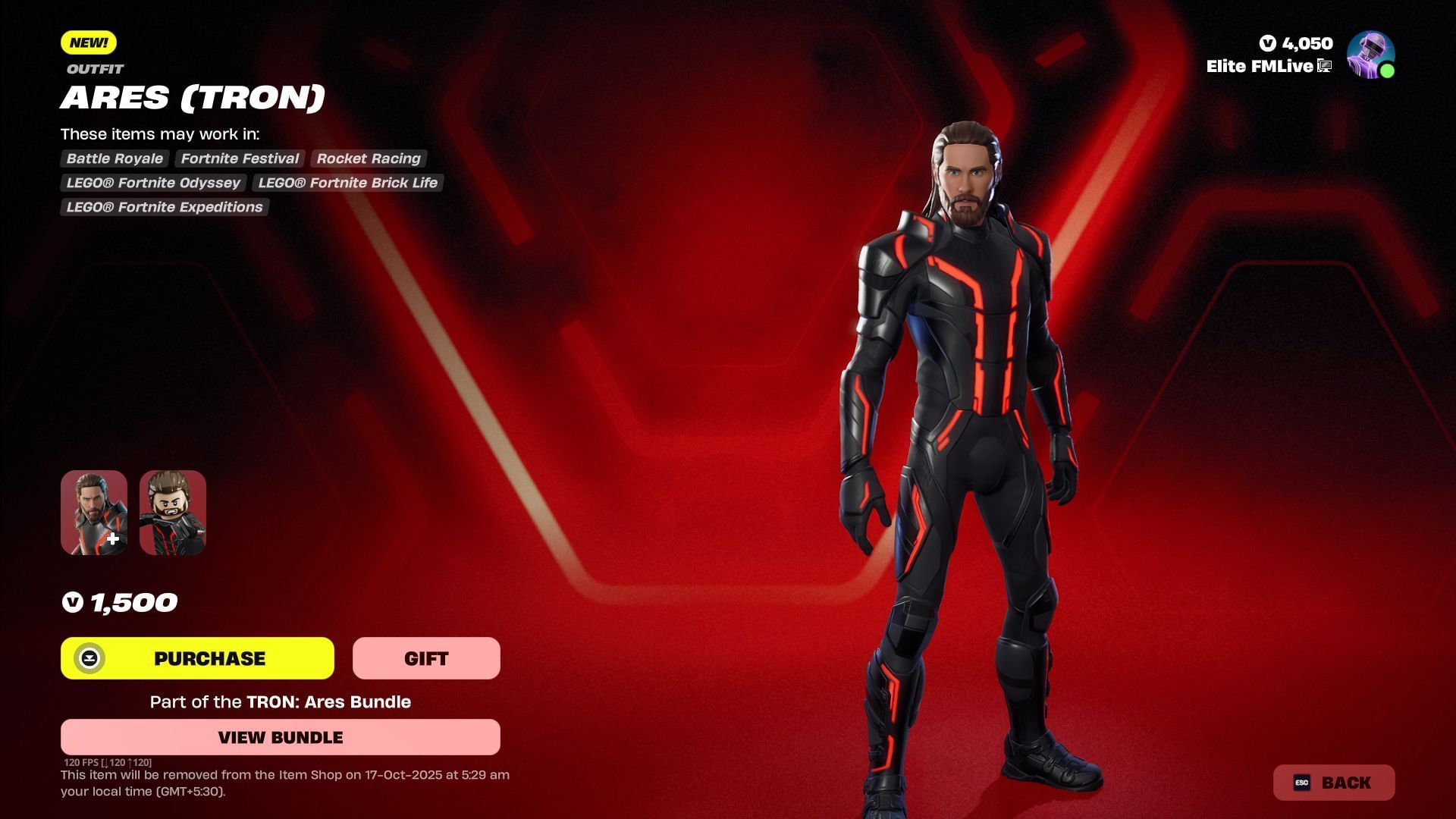 The Tron skin in Fortnite will remain listed until October 17, 2025 (Image via Sportskeeda Gaming || Epic Games)