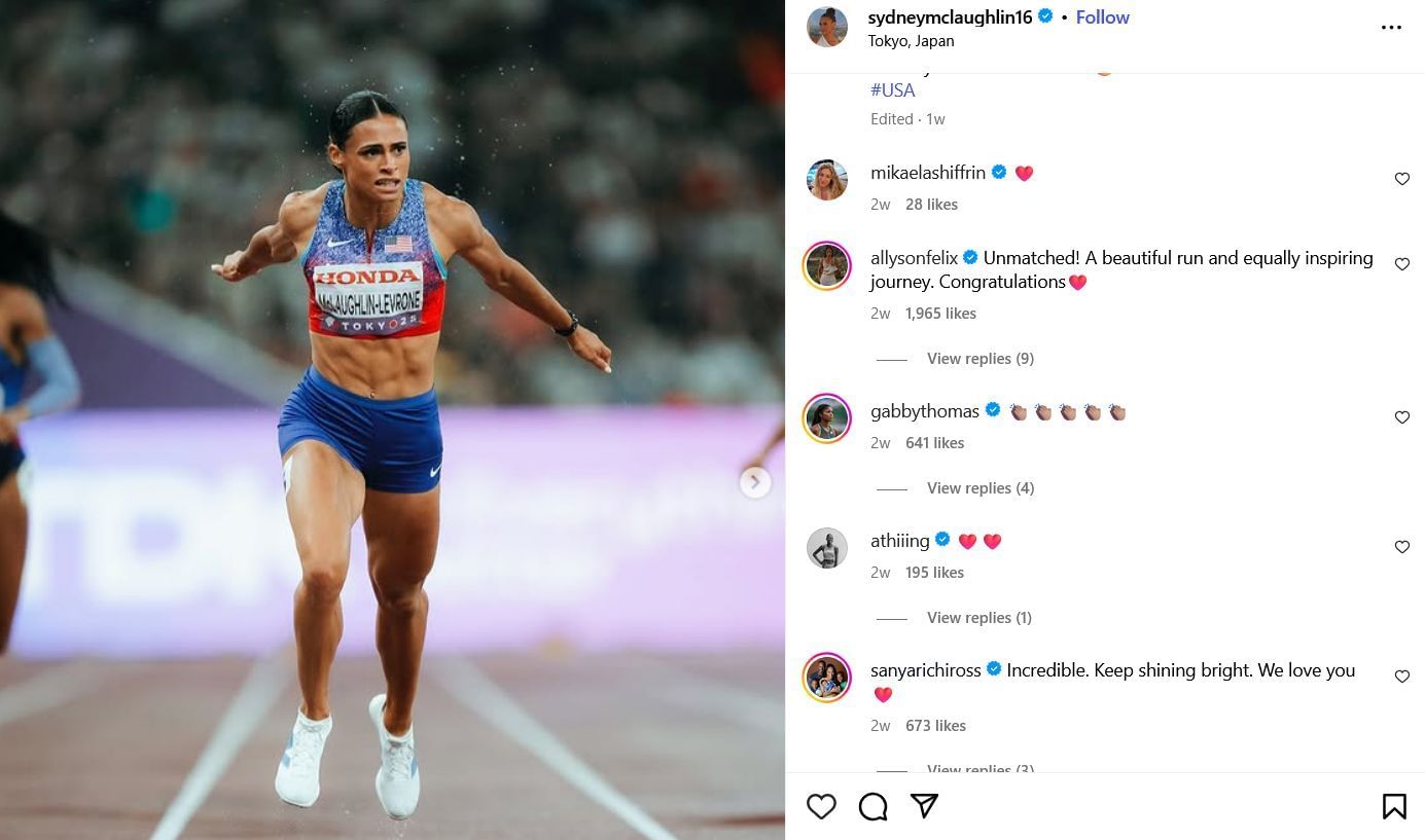 Screenshot of athletes&rsquo; comments on Sydney McLaughlin-Levrone&rsquo;s Instagram post. Credits -sydneymclaughlin16