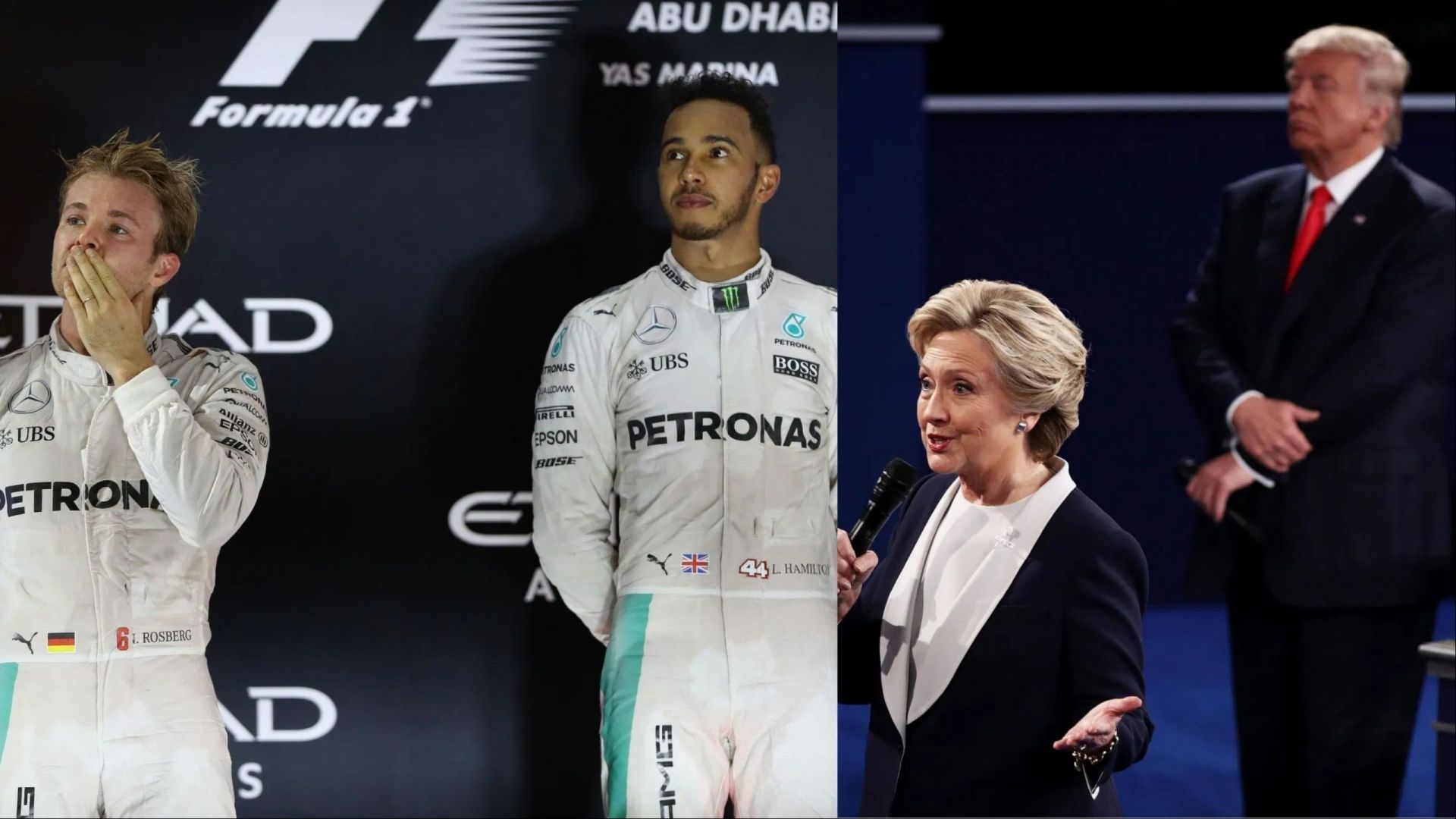 Image Credits: Getty, L: Lewis Hamilton &amp; Nico Rosberg; R: Hillary Clinton and Donald Trump