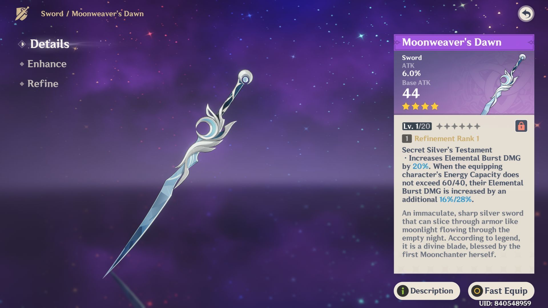 Moonweaver&#039;s Dawn stats and effects (Image via HoYoverse)