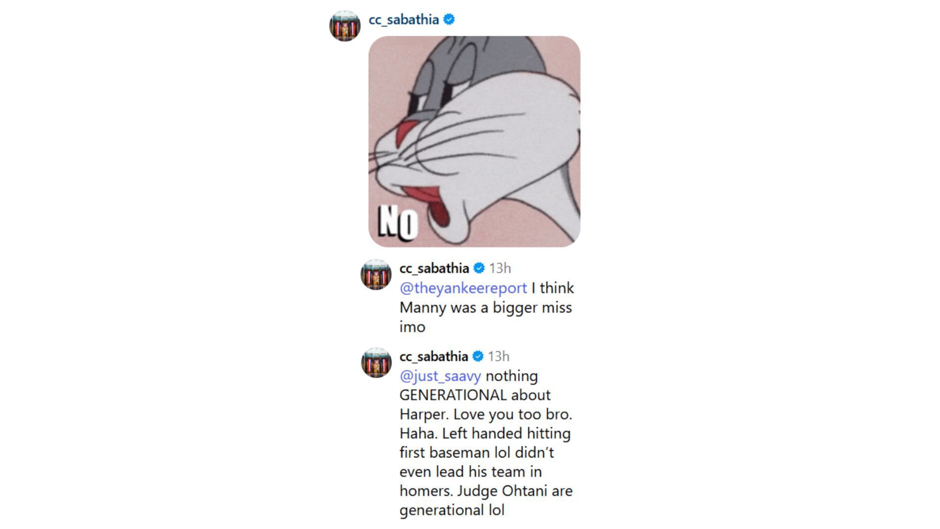 CC Sabathia&#039;s comment and subsequent replies (Source: Instagram @theyankeereport)