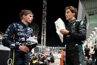 Max Verstappen (L) and George Russell (R) after the qualifying for the 2025 F1 Grand Prix of Singapore - Source: Getty