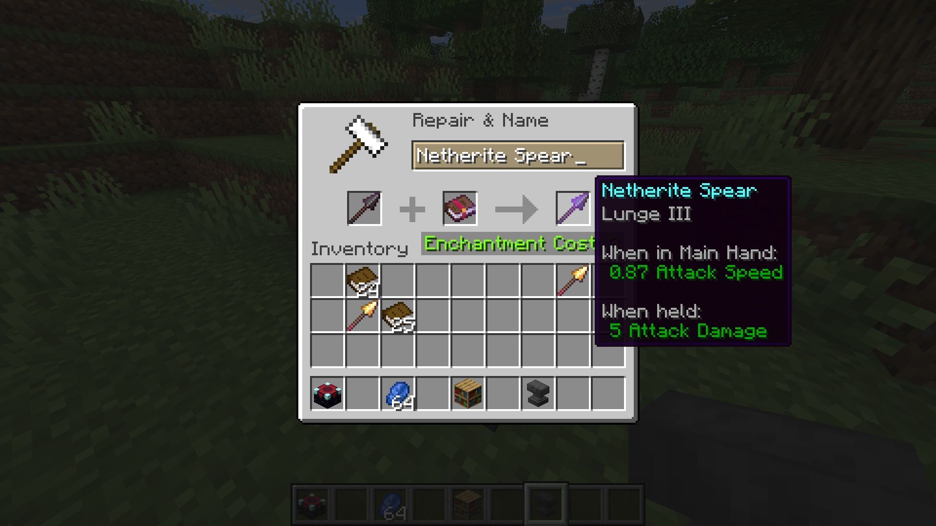 Use an anvil or an enchanting table to add the Lunge enchantment to your spear (Image via Sportskeeda Gaming || Mojang Studios)