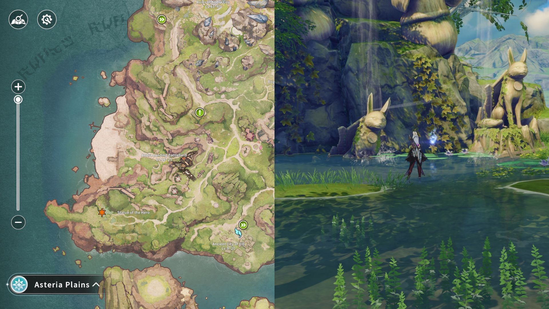 The waterfall is on the left side of the statue (Image via A Plus)