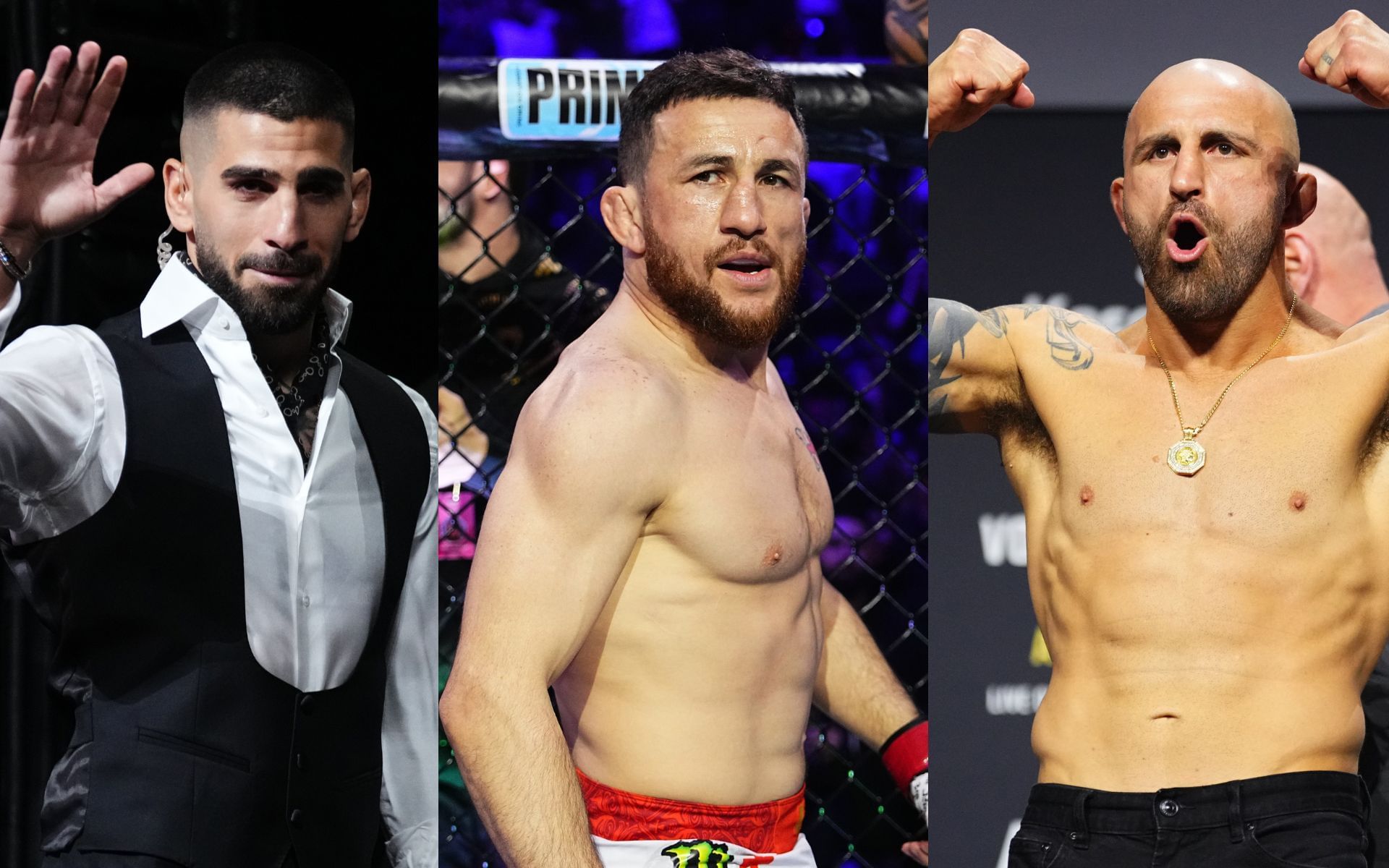 Ilia Topuria (left) wants Merab Dvalishvili (center) to fight Alexander Volkanovski (right). [Images courtesy: Getty]
