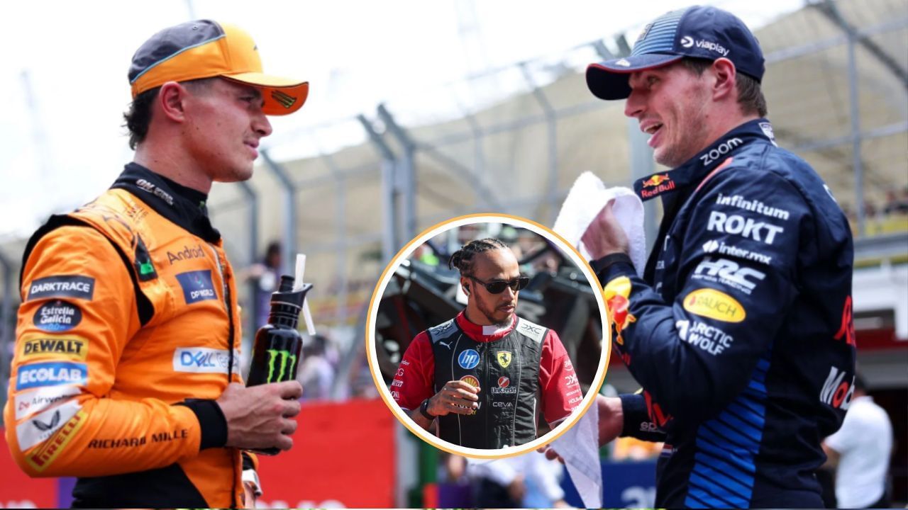 Lando Norris, Max Verstappen, and Lewis Hamilton
