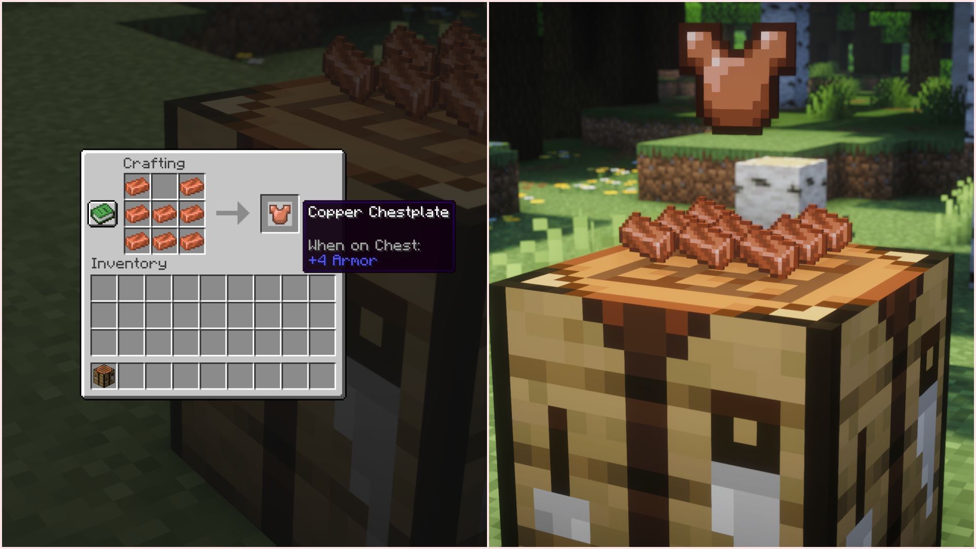 This mod adds 3D renders of crafting ingredients on the crafting table block (Image via Sportskeeda Gaming || Mojang Studios)