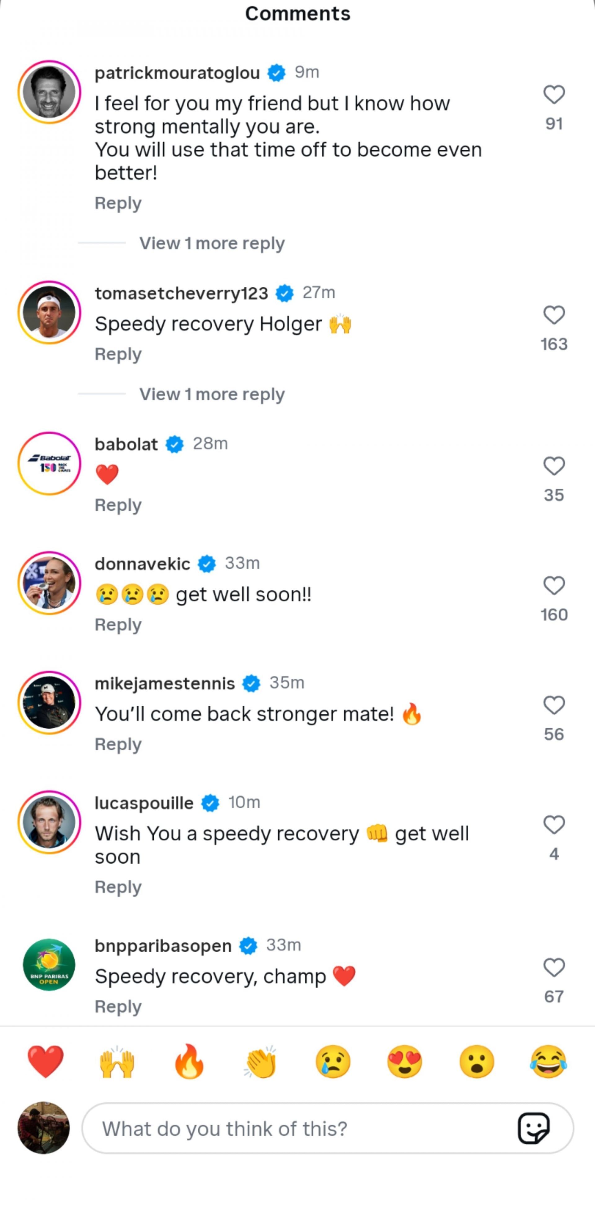 Patrick Mouratoglou, Donna Vekic, and others sent support; Instagram - @holgerrune