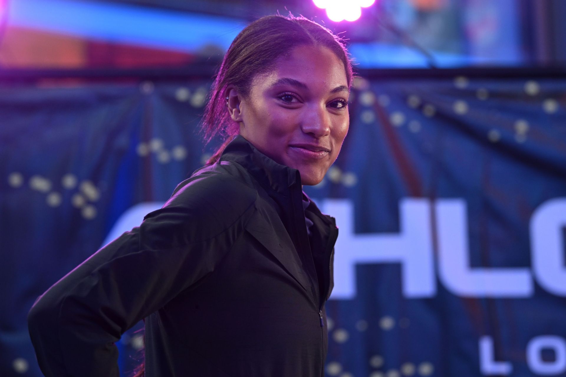 Tara Davis-Woodhall during ATHLOS NYC25 at Times Square in New York City. (Photo by Getty Images)