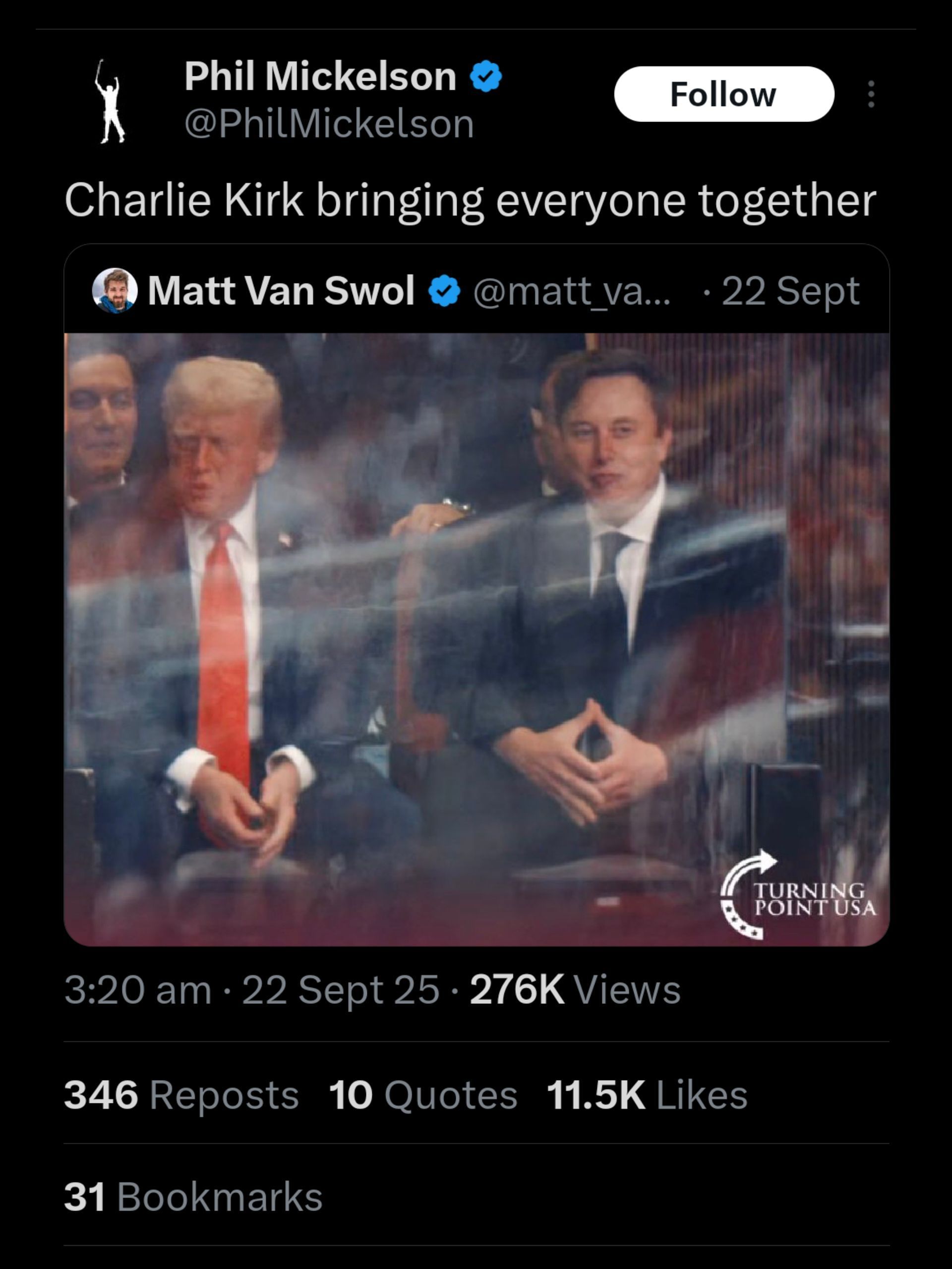 Screenshot z Mickelson's X Príspevok o Trump a Musk / Source: @philmickelson na x