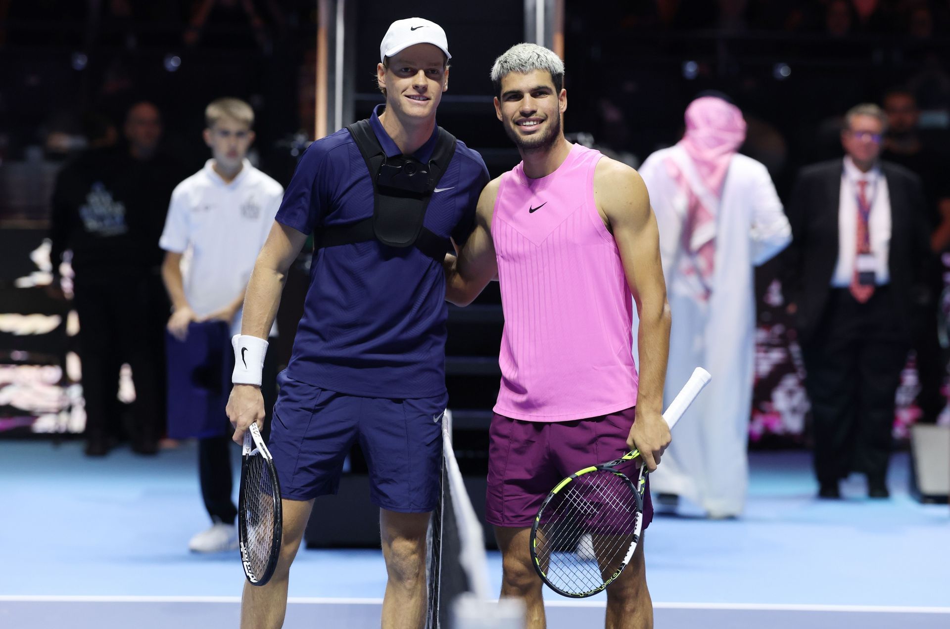 Jannik Sinner (left) and Carlos Alcaraz (right) ahead of the 2025 Six Kings Slam final (Source: Getty)