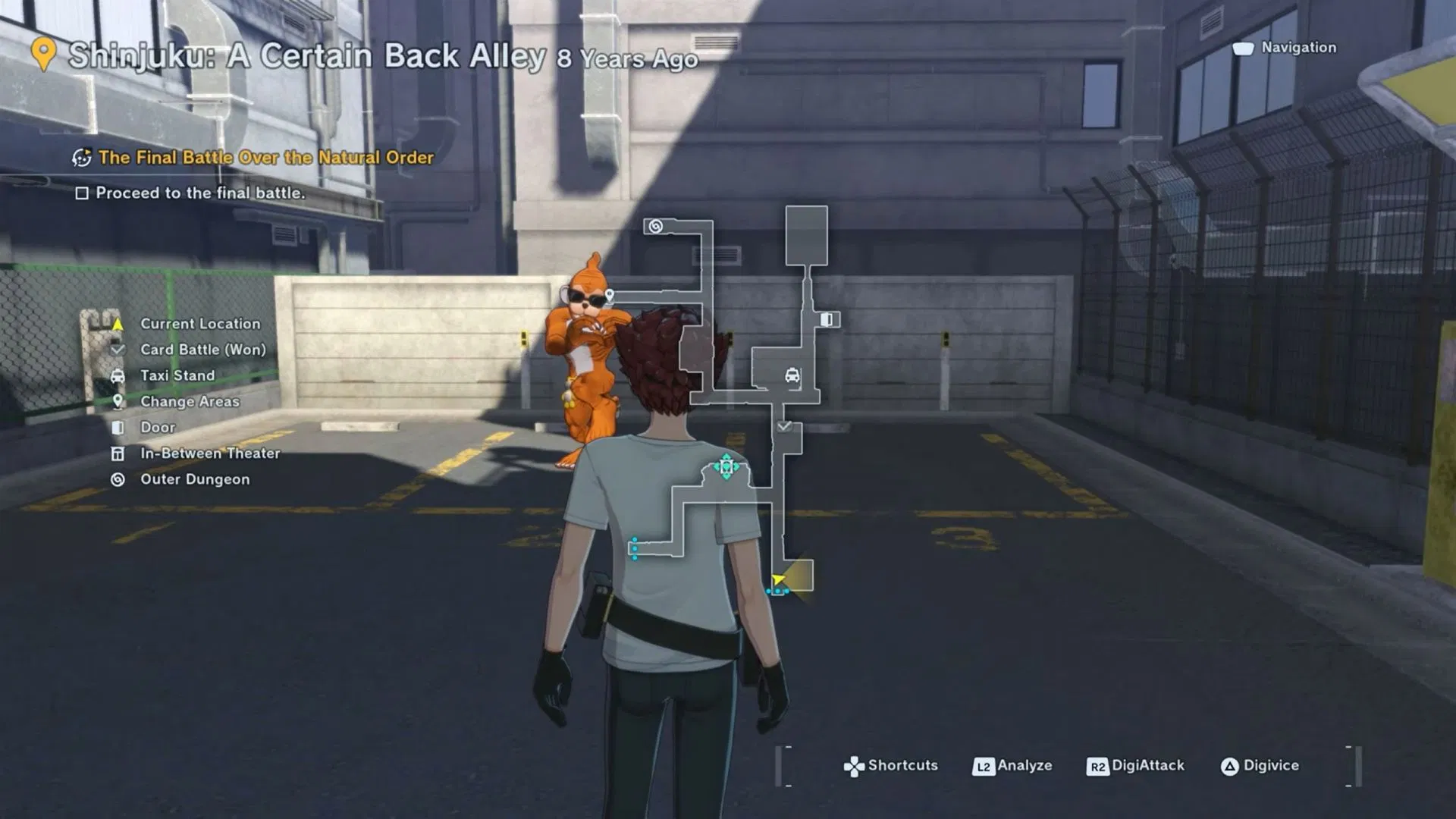 Etemon number 7 is in the empty parking lot at the bottom of this area (Image via Bandai Namco Entertainment | Youtube: Ventus SGN)