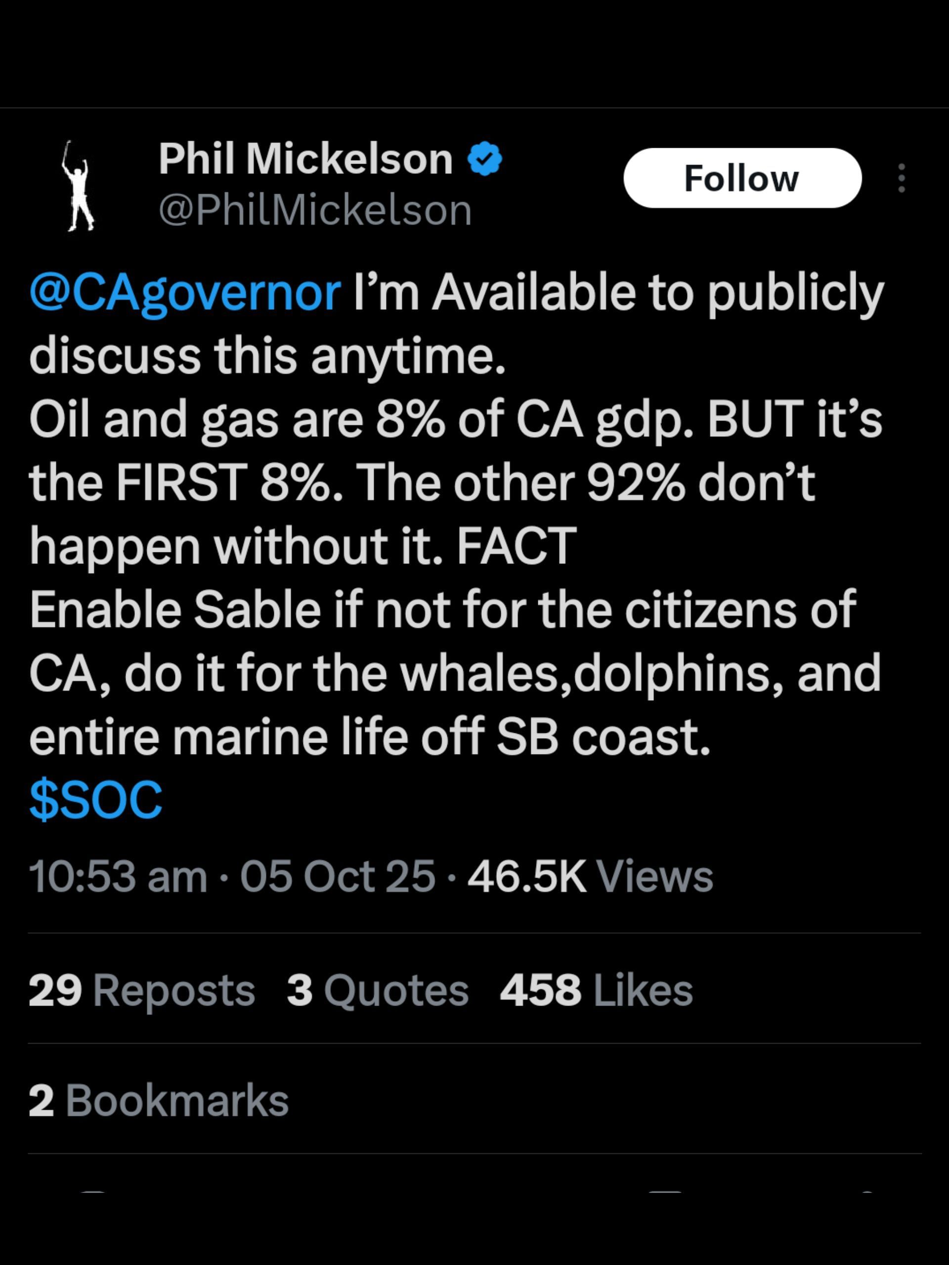 Screenshot from Mickelson&#039;s public challenge to Newsom / Source: @PhilMickelson on X