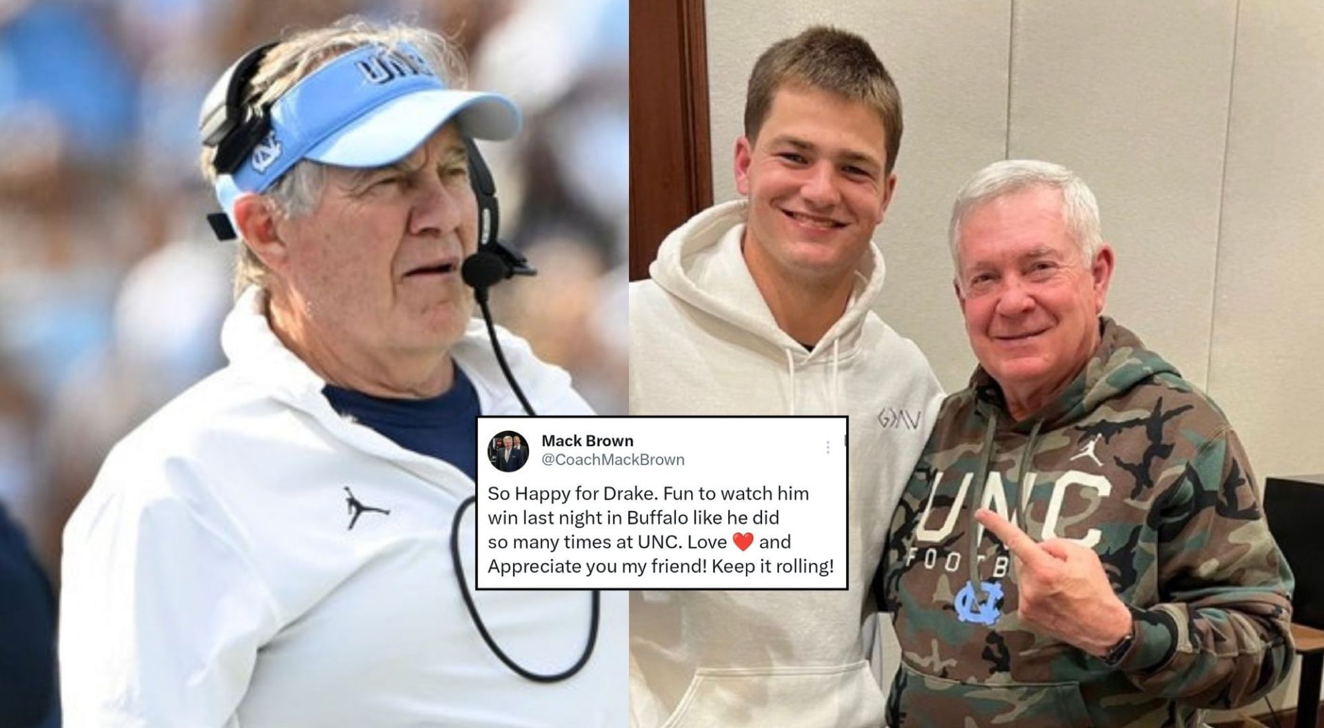 Mack Brown, Bill Belichick and Drake Maye (Credit- Getty, X/coachmackbrown)