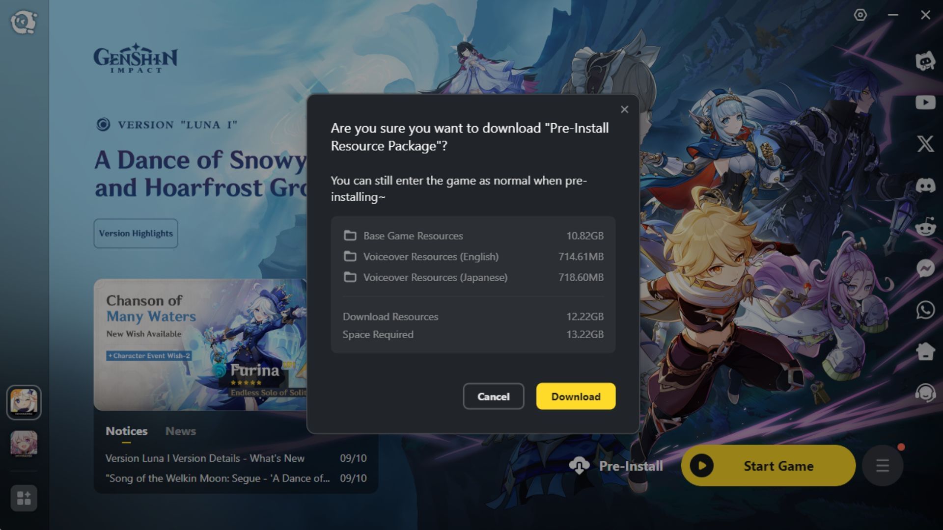 Official HoYoverse launcher page for Genshin Impact Luna II preload (Image via HoYoverse, SK Gaming)