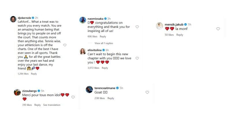 Screenshot of Gael Monfils&#039; Instagram post featuring players&#039; comments | Source: IG/iamgaelmonfils
