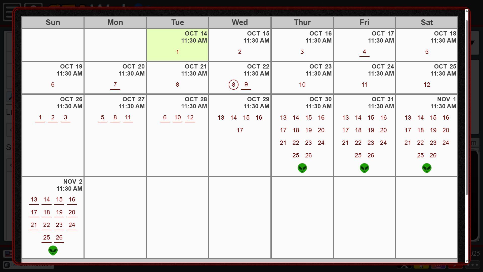 Entire calendar for UFO sightings. The time shown is for the IST timezone (Image via GTAweb.eu)