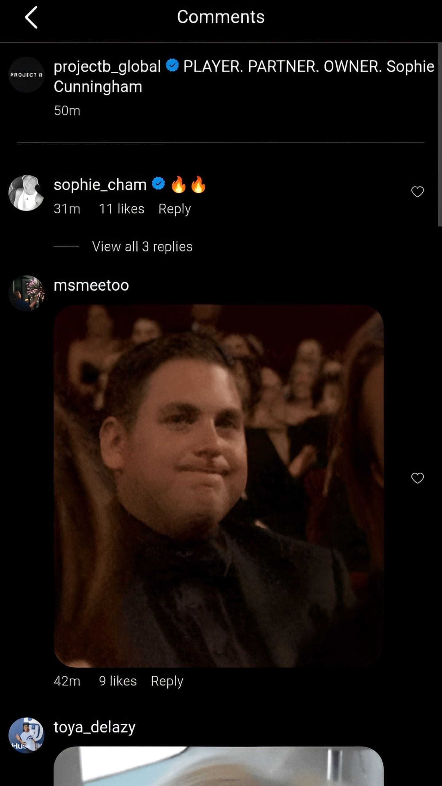 Cunningham&#039;s comment on the post (Screenshot via Instagram)