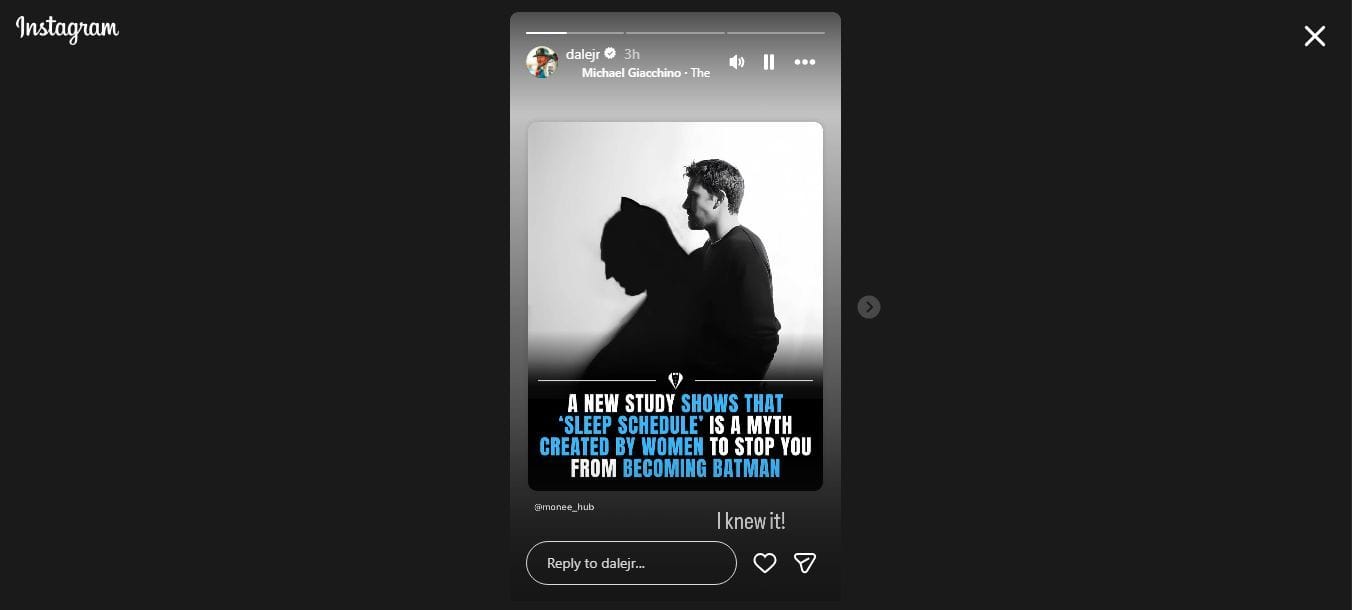 Dale Earnhardt Jr. reacts to a meme on Instagram story. Source: Screenshot via @dalejr on Instagram.