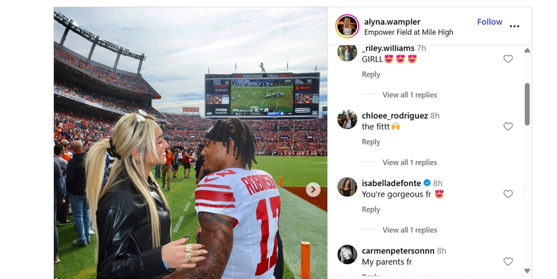 Cam Skattebo&#039;s GF Chloe delivers honest verdict on Wandale Robinson&#039;s GF Alyna&#039;s outfit for Giants-Bears game/@alyna.wampler