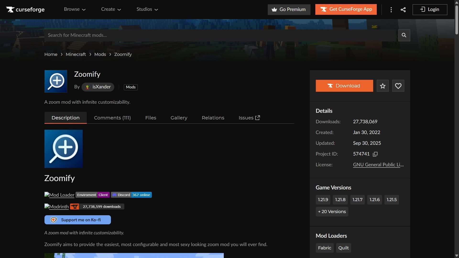 Zoomify can be downloaded from the CurseForge website (Image via CurseForge/isXander)