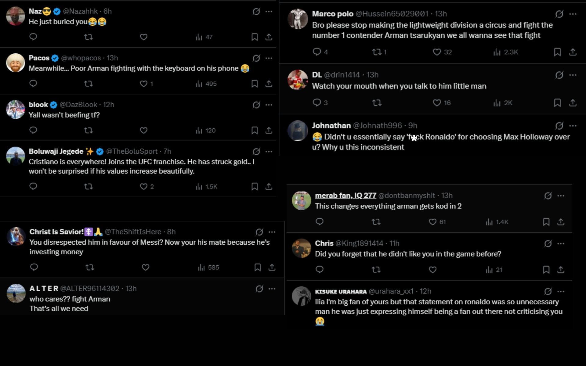 Fans react to Ilia Topuria&#039;s message to Cristiano Ronaldo. [Screenshots courtesy: @topuriailia on X]