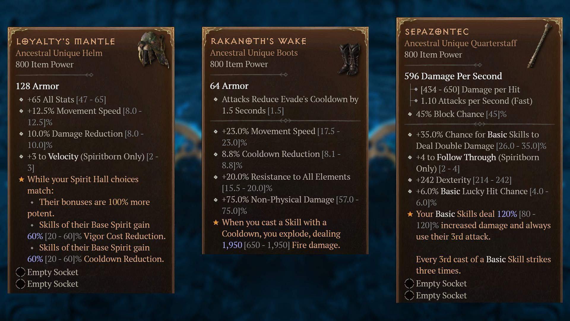 Sepazontec, Rakanoth's Wake, and Loyalty's Mantle are the recommended gear to make this build work (Image via Blizzard Entertainment)