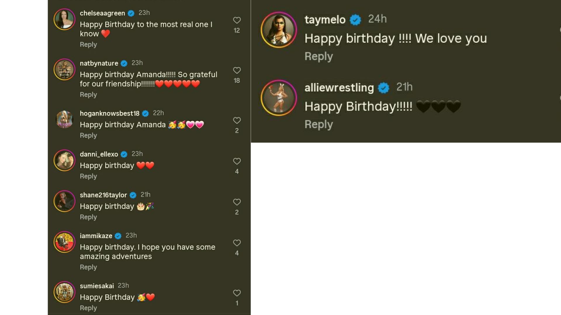 Screenshots of wrestlers wishing Amanda Huber on social media [Source : Huber&#039;s IG]