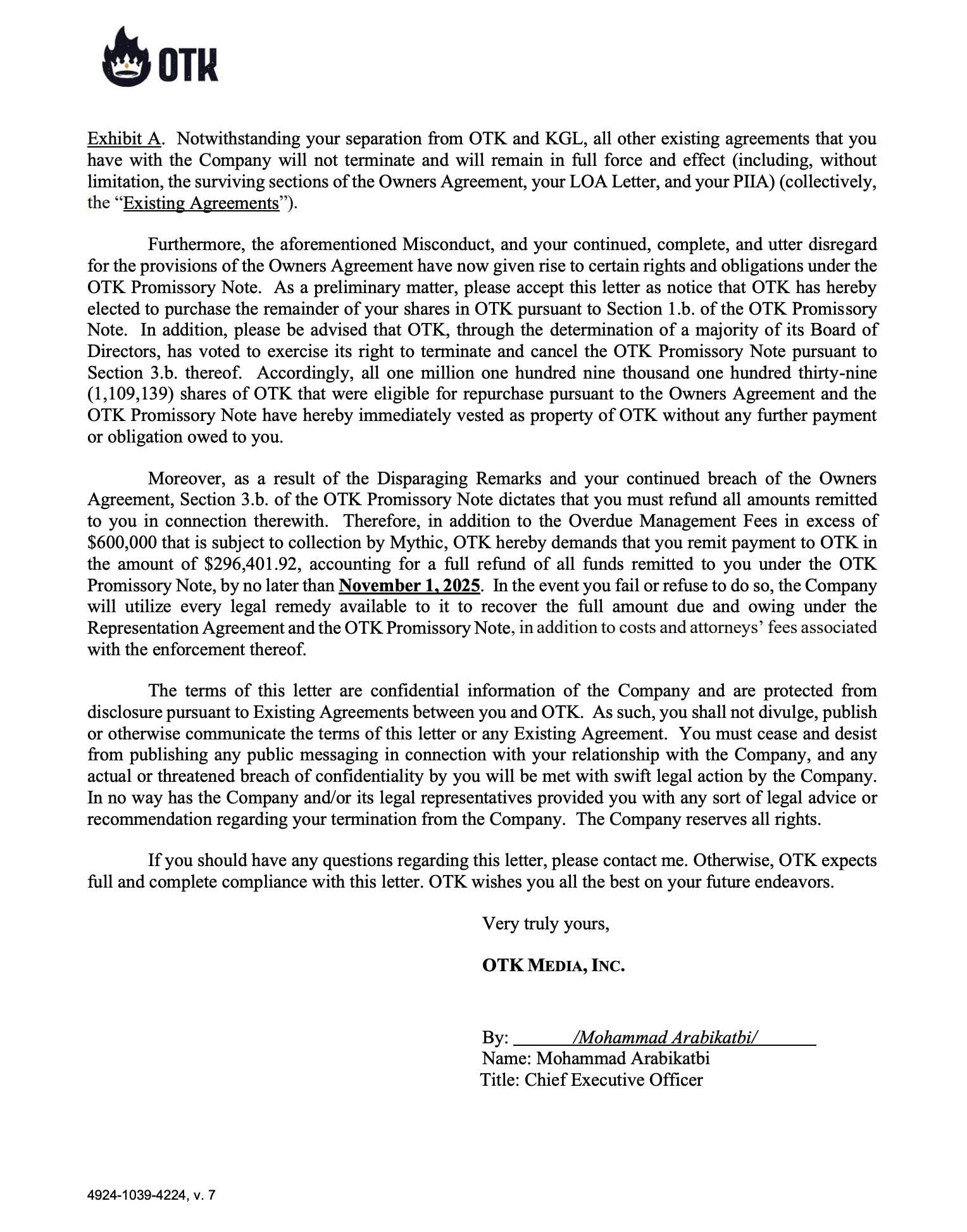 Screenshot of the alleged letter that OTK sent to Mizkif, dated October 24, 2025, 1/2 (Image via courtlistener.com)