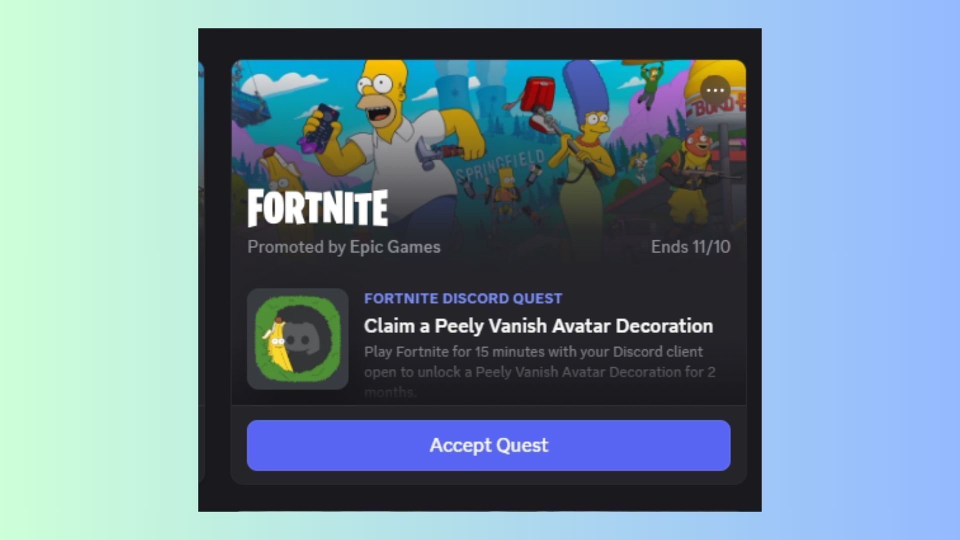 How to get the Fortnite Simpsons Discord reward 2 Complete the Playtime quest and earn a free Peely Vanish avatar skin based on the Fortnite Simpsons season (Image via Sportskeeda Gaming || Epic Games/Discord)