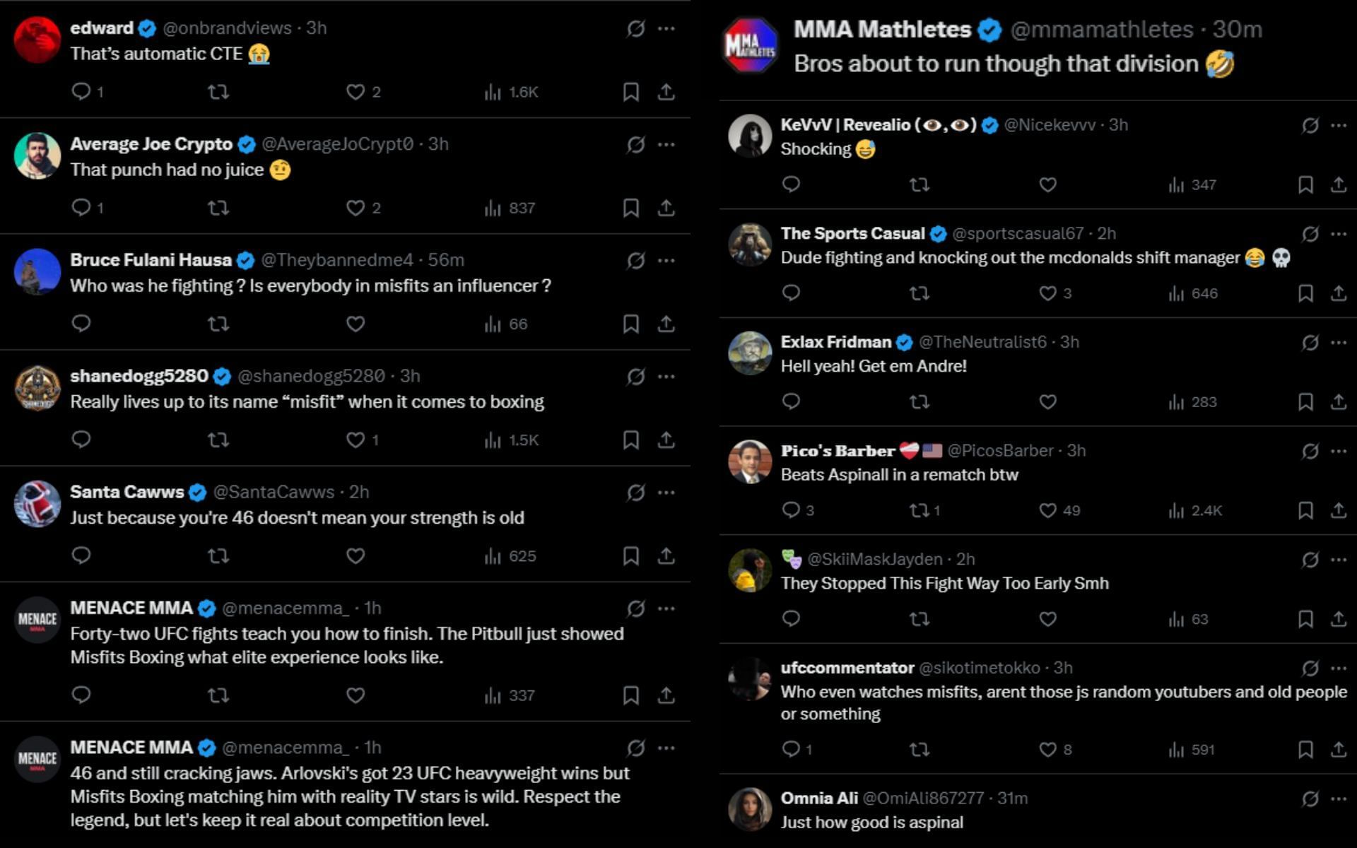 Fans react to Andrei Arlovski knocking out his opponent in boxing. [Screenshots courtesy: @ChampRDS on X]