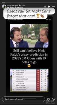 Tony Finau praises Sir Nick Faldo for predicting his win at the 2022 3M Open (Image via Instagram @tonyfinaugolf)