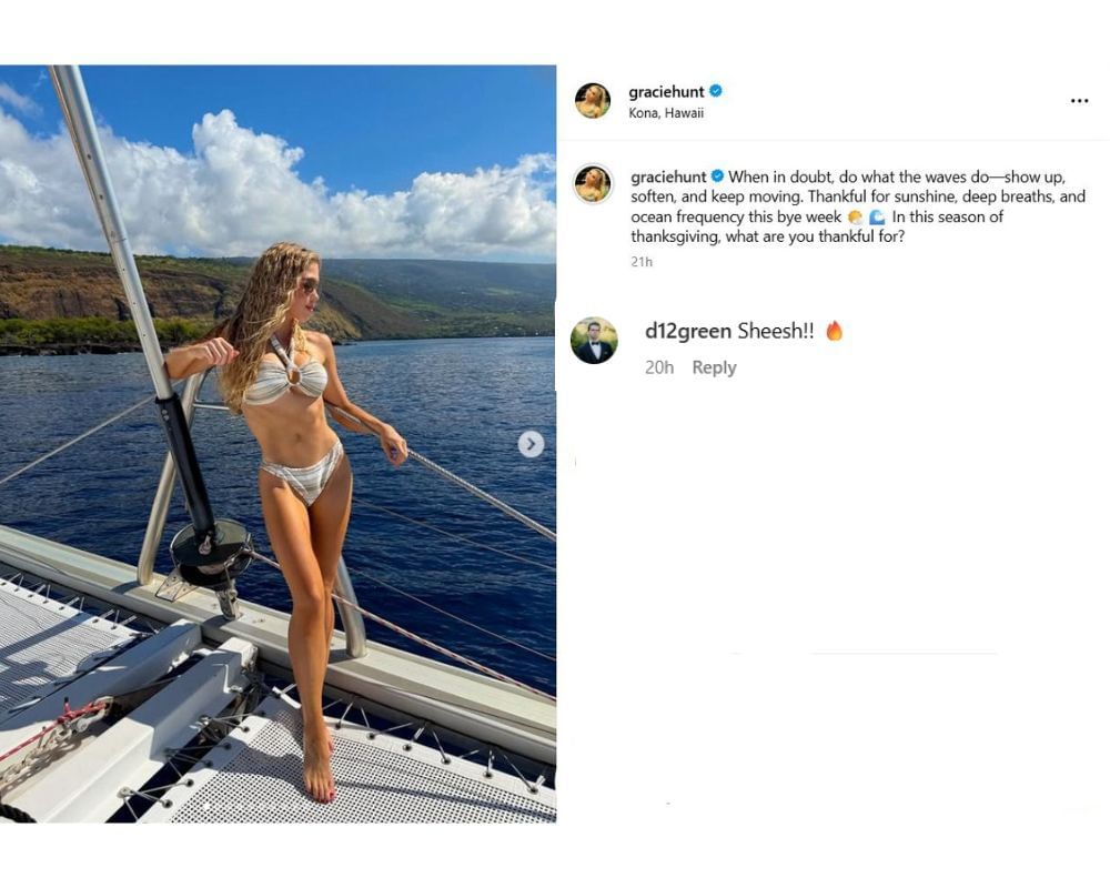 Gracie Hunt&#039;s BF Derek Green swoons over Chiefs heiress&#039; silver swimsuit from thrilling yacht ride in Hawaii [IG/@graciehunt]